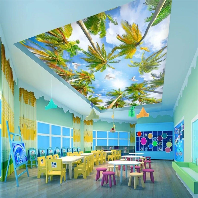 Beibehang-Hawaii-summer-coconut-palm-tree-ceiling-painting-blue-sky-and-white-clouds-ceiling-custom-large (1)