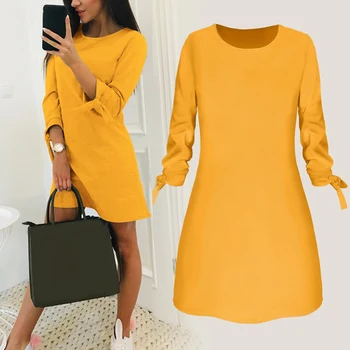 

Hot apparel summer dress Casual Women Dresses Autumn Solid Color O Neck 3/4 Drawstring Sleeve Loose Mini All Match Dress