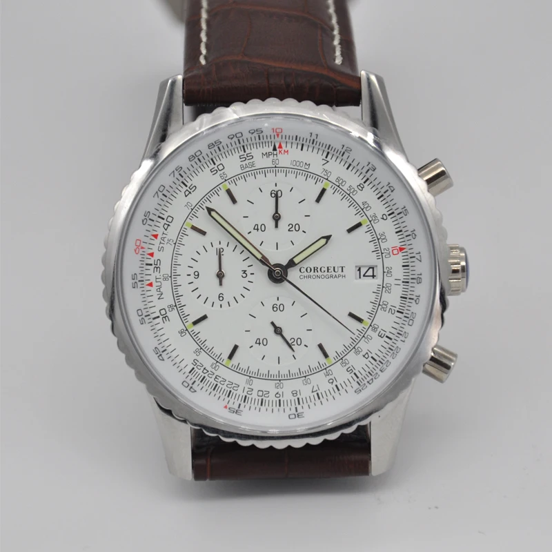 46 мм Corgeut для мужчин s часы лучший бренд класса люкс светящиеся белые часы для мужчин кожаный Хронограф Кварцевые часы для мужчин часы Авто Дата