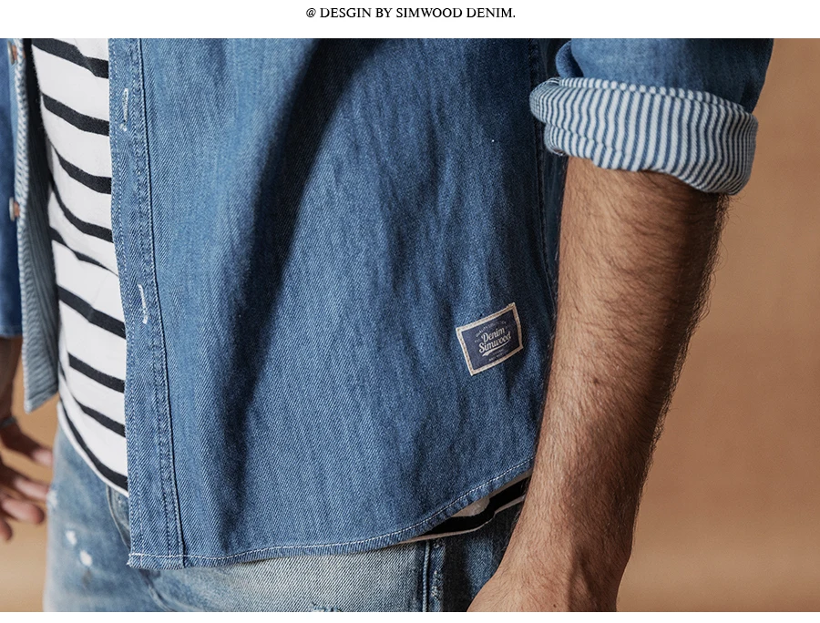 Мужская джинсовая рубашка в полоску SIMWOOD, модная рубашка цвета индиго из хлопка, новая модель 190420 большого размера на осень и зиму