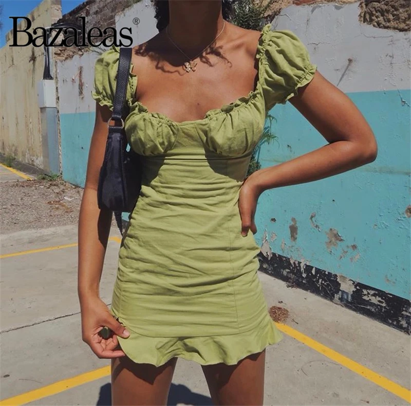 

Bazaleas Fashion Short Sleeve dress Elegant women mini dresses France Green Ruched vestido Vintage Square Collar women dress