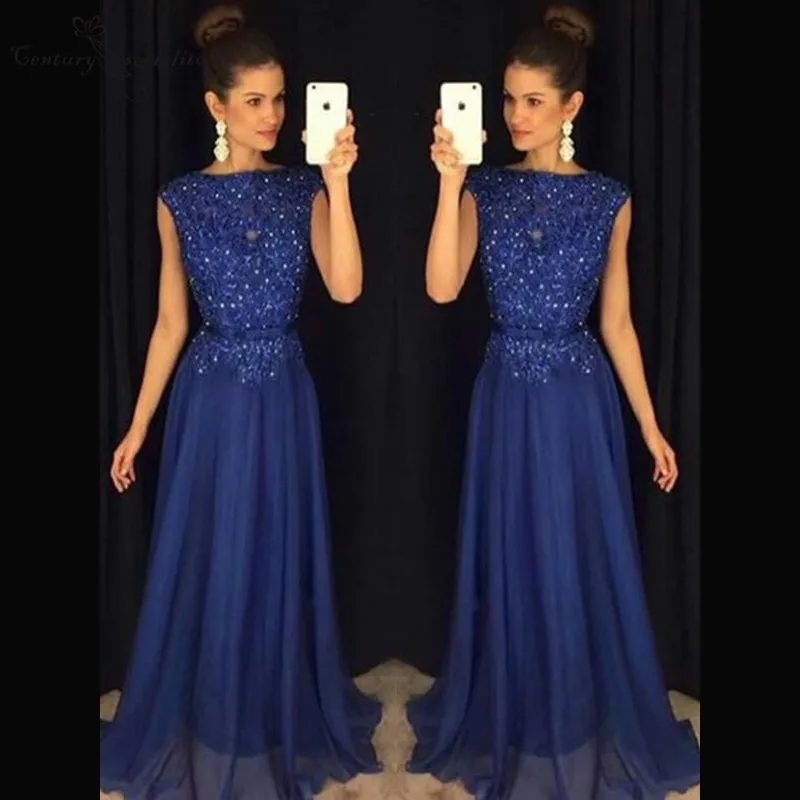 royal blue Длинное платье для выпускного вечера с кружевной аппликацией, расшитое бисером шифоновое вечернее платье, вечерние платья для женщин, вечерние платья Robe De Soiree - Цвет: royal blue
