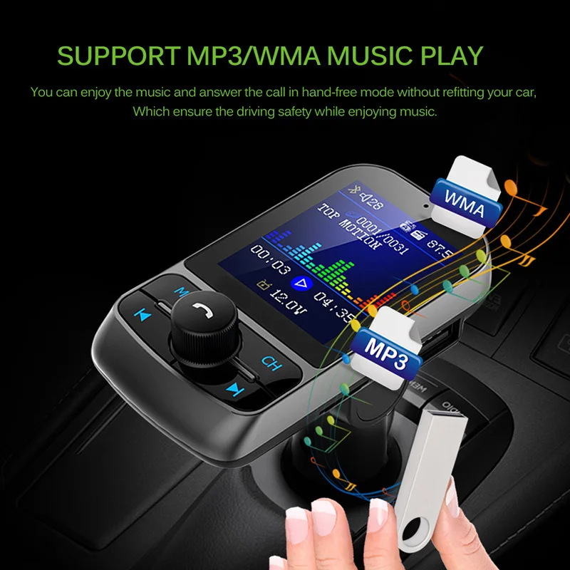 New FM Transmitter 1.8" Color Screen AUX Modulator Bluetooth Wireless MP3 Radio Adapter Car Kit 5V 3.1A USB Charger TF Card