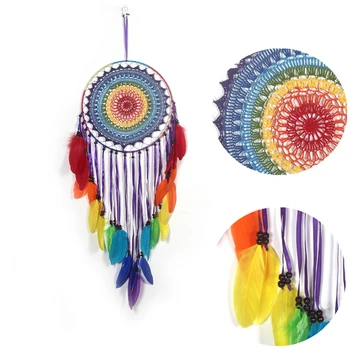 

Colourful Dream Catcher Rainbow Style Wall Hanging Decor Beauty Feather Nordic Style Kids Decoration Wind Chimes Farmhouse Decor