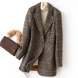 Outono inverno das mulheres do vintage xadrez terno de lã jaqueta senhoras fino casual lã blazer único breasted casaco