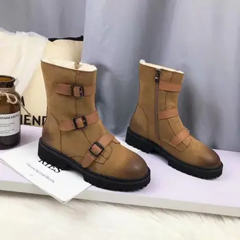 

Winter Fur Warm Snow Boots Retro Style Suede Leather Women Ankle Boots Fashion Bukle Belts Short Boots Motorcycle boots Women