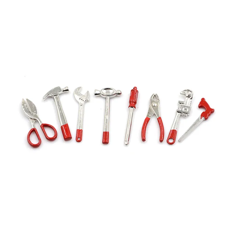 8pcs 1:12 Metal Hand Tool Set 1 Scissors/Wrench/Caliper/Screwdriver/Plier/Saw 2 Hammers 1/12 Dolls Houses Miniature 7