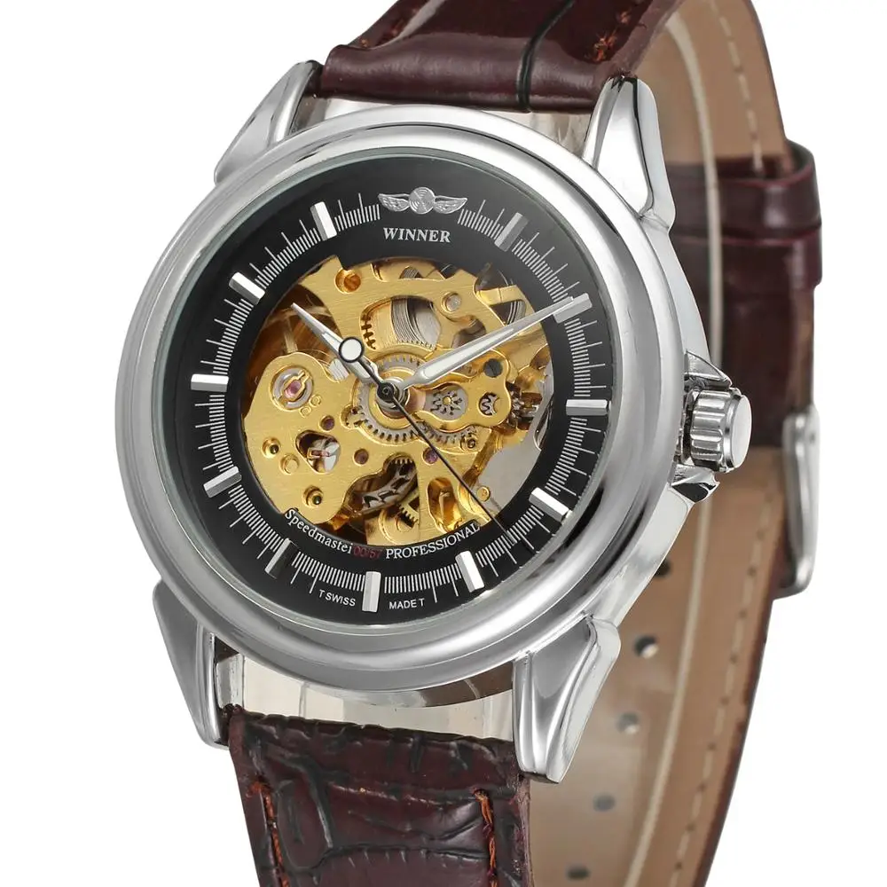 

Winner Brown Leather Simple Round Dial Transparent Skeleton Mens Automatic Mechanical Watch Men Luxury Male Relogio Masculino