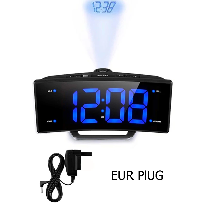 Black EUR plug Настольный проекционный будильник Nixie с зеркальной проекцией времени, FM радио, будильник, светодиодный, цифровой, электронный, настольный проектор, часы - Цвет: Black EUR plug