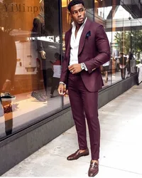 YiMinpwp Burgundy Men Suits Shawl Lapel One Button Prom Suits Slim Fit Blazer Jacket Men 2 Piece Coat+Pant