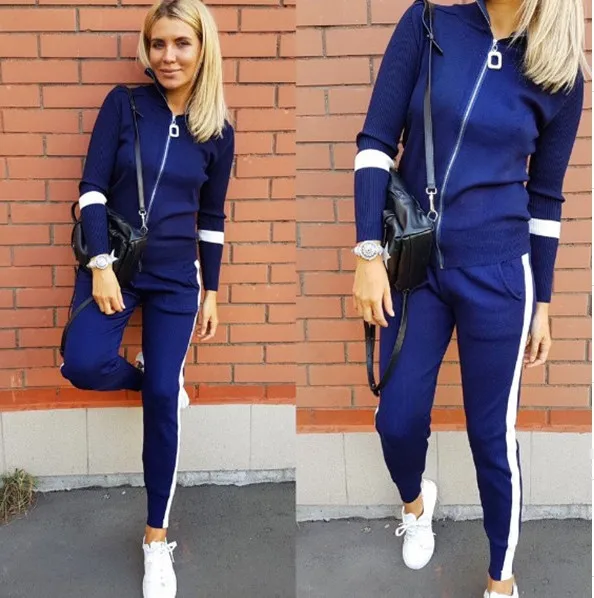 

Woman Sweater Pants 2PCS Suit Patchwork Striped Zipper Knitted Cardigans+ Pants Trousers Knit Tracksuit Outfit