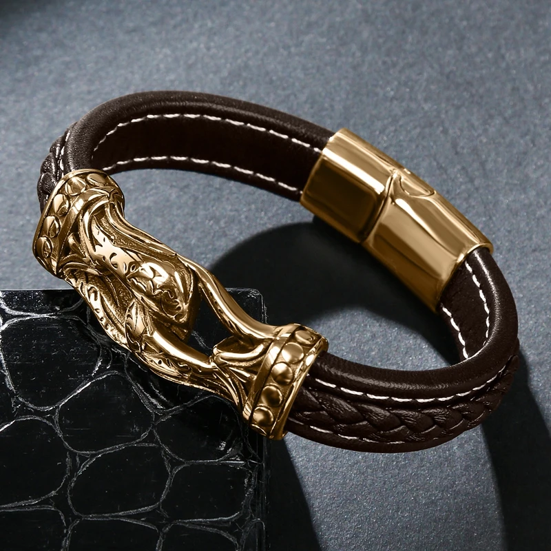 Punk Men Genuine Leather Stainless Steel Handmade Jewelry Leather Bracelet Stainless Steel Bracelet