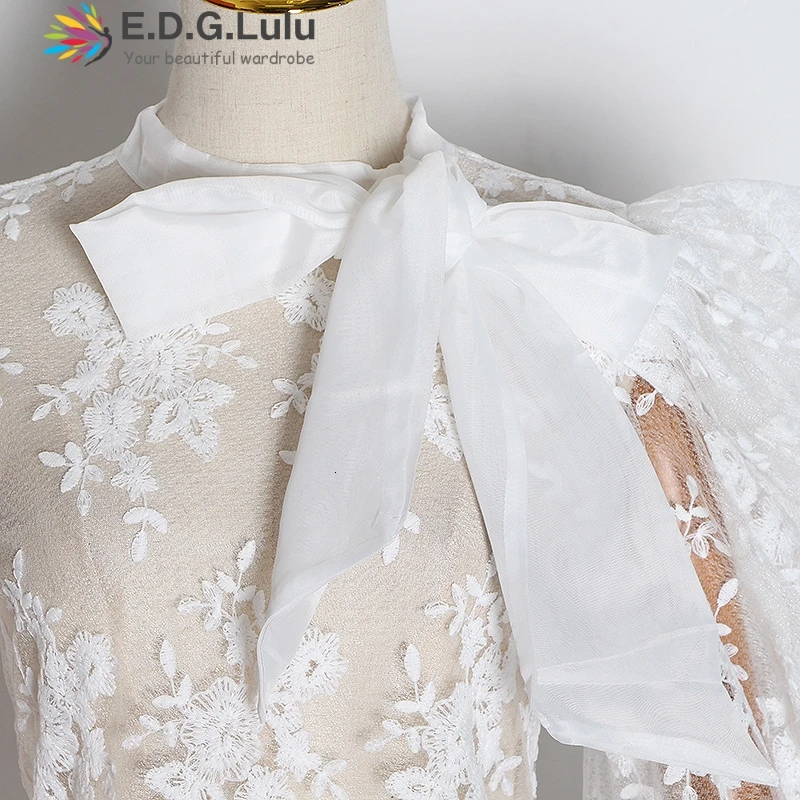 EDGLuLu, женские блузки, кружевные, с круглым вырезом, белый кружевной топ, с пышными рукавами, одноцветная блузка, женская одежда, модная прозрачная рубашка