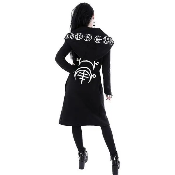 Женская толстовка с капюшоном в готическом стиле, зимняя, крутая луна, простой рисунок, черные женские толстовки с капюшоном, длинное пальто, шикарная, неровная, в стиле панк, женская верхняя одежда