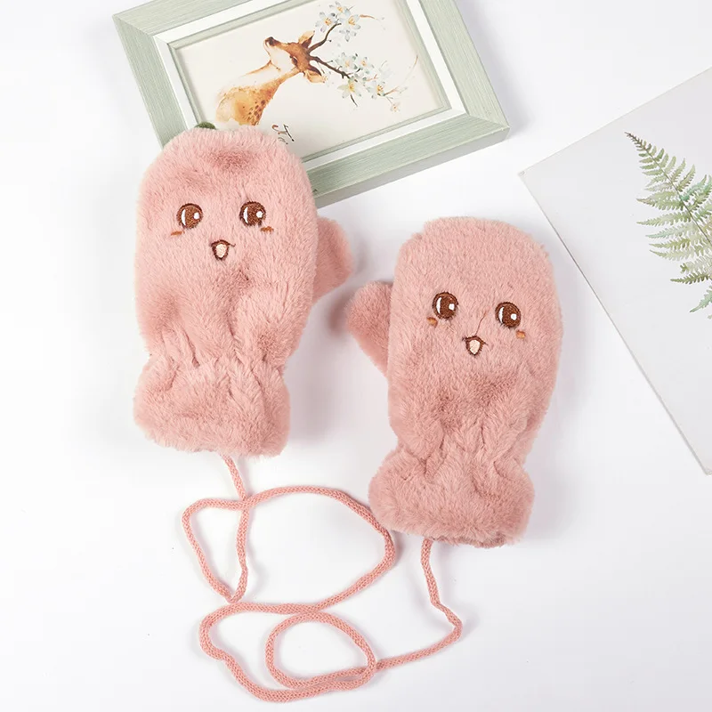 Cute Plush Winter Baby Gloves Kids Boys Girls Gloves Thick Warm Rope Full Finger Mittens Fashion Soft Children Gloves 5-8T