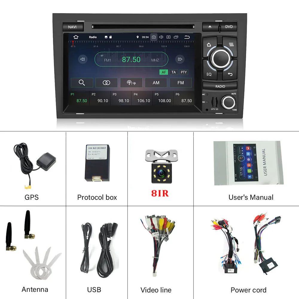 Hikity Android 8,1 автомобильный радиоприемник 2 Din Автомобильный мультимедийный dvd-плеер Wifi " Авторадио 2 Гб ram Mirrorlink монитор для Audi A4 2000-2008 - Цвет: With 8 IR Camera