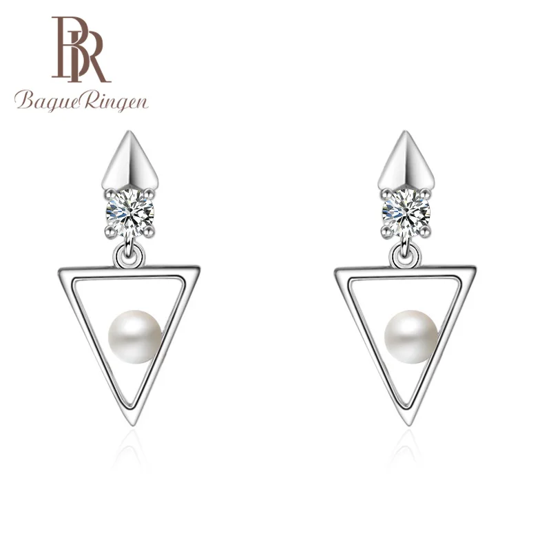 

Bague Ringen Geometry Triangle Simple Pearl Earrings for Women Korean Style Silver 925 Jewelry Office Lady 3A ziron Meeting Gift