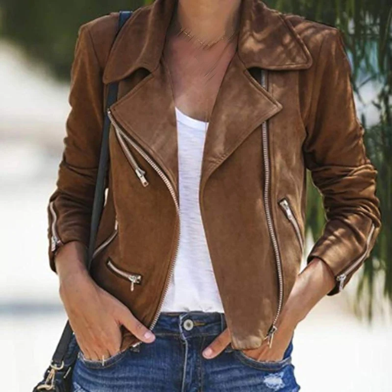 Осенние женские пальто с отворотом на молнии, короткая крутая кожаная куртка, Байкерская мотоциклетная куртка, размер s-xxl верхняя одежда, Женская куртка