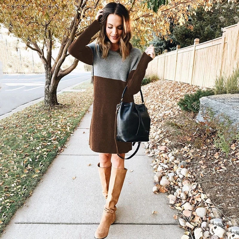 

2020 Autumn And Winter Womens Sweater Dresses Patchwork Pullover Loose Large Size Round Neck Long Sleeve Dress Vestido De Mujer