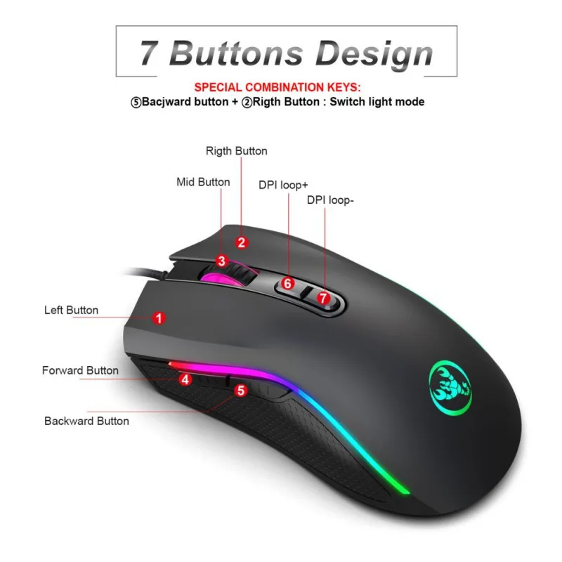 Проводная игровая мышь USB RGB оптическая мышь 6 Регулируемых 7200 dpi макро-программа мышь для Windows 2000/XP 1 win71 win8/win10
