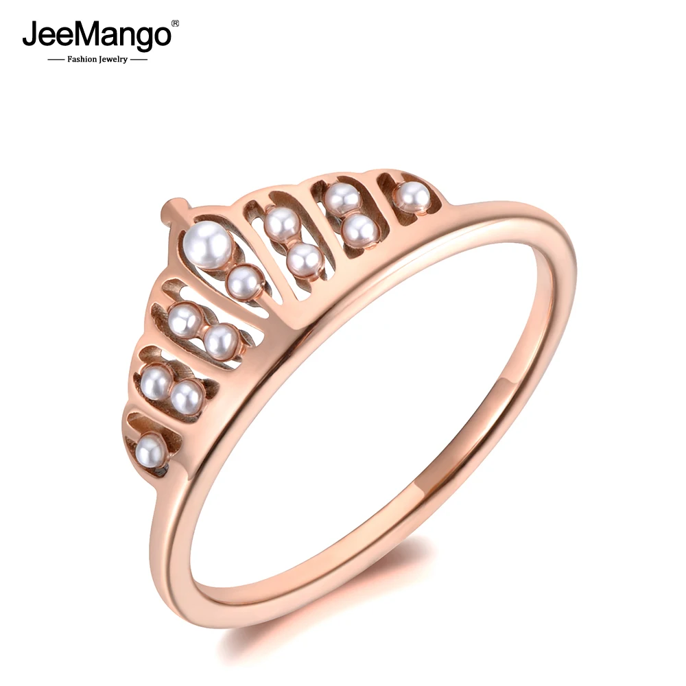 JeeMango, титановая нержавеющая сталь, белый жемчуг, корона, кольцо, Трендовое, розовое золото, юбилей, обручальные кольца, ювелирные изделия для женщин, JR19090