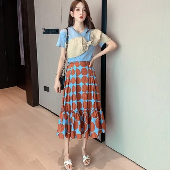 

M-4XL Summer Fashion Sets Women's O Neck Short Sleeves bow patchwork T-shirt + Dot Long Skirt two-piece Sets Lady Suits