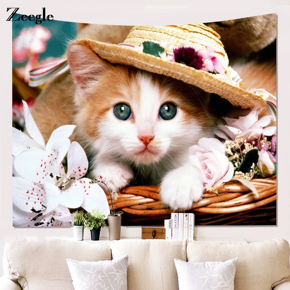 Zeegle Cat Pattern Polyester Tapestry Animal Printed Wall Hanging Mural Gobelin Living Room Home Decor