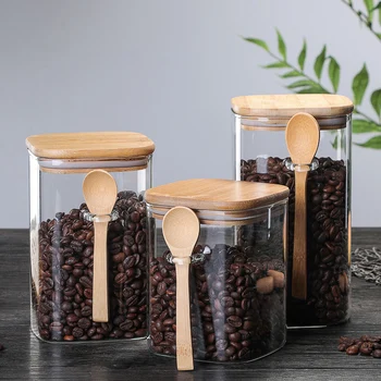 

Airtight Food Storage Jar Glass Coffee Bean Spice Sugar Flour Jars Containers with Lids and Wooden Spoon Tea Coffee Beans Grains