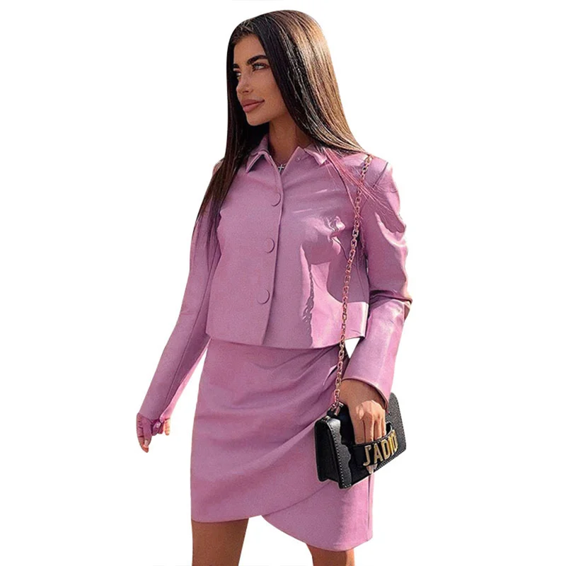 

2piece Set Coat Skirt Women Two Piece Outfits Leather PU Office Set Pink Top and Skirt Female Clothing Streetwear Two Piece Set