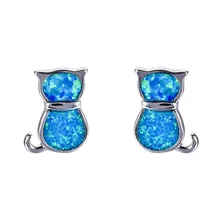 Очаровательные ювелирные изделия, женские серьги, милый дизайн кошки, Белый/Синий огненный опал, серьги-гвоздики для женщин, аксессуары, вечерние, подарок для девушек