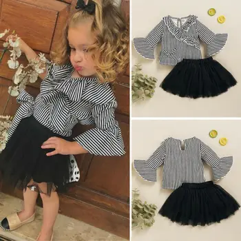 

1-4 years Summer New Toddler Baby Girl Ruffle Stripe Top Shirt Tutu Skirts Outfit Clothes