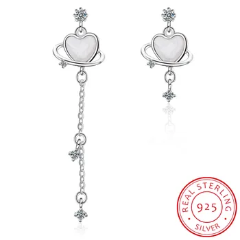 

New Arrival 925 Sterling Silver Planet Asymmetric Long Tassel Earrings Heart Moonstone Zirconia Ear Jewelry For Women Party Gift