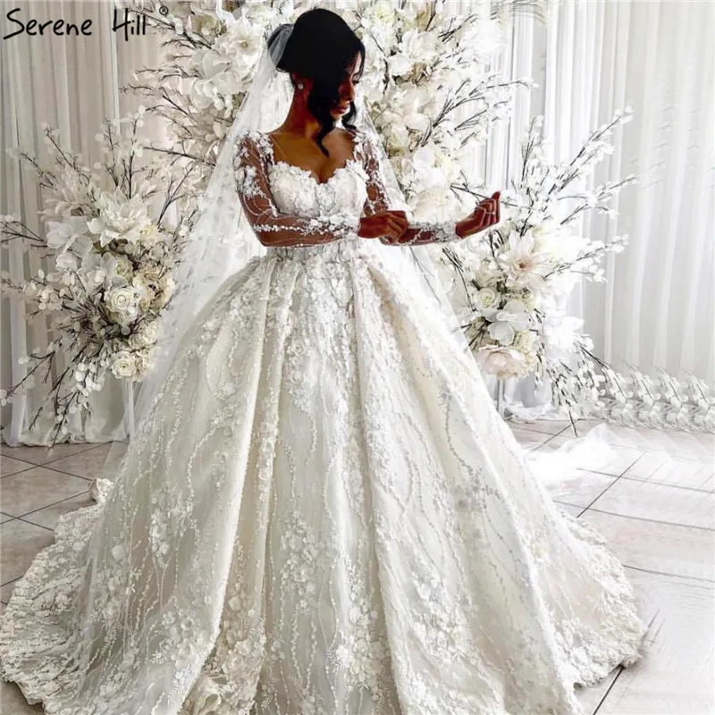 White V-Neck Luxury Handmade Flowers Wedding Dresses 2020 Long Sleeves Vintage Princess Bridal Gowns BHA2263 Custom Made | Свадьбы и