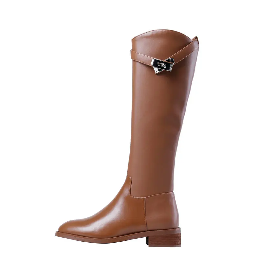 QUTAA/ г. Женская обувь в сдержанном стиле с круглым носком на высоком квадратном каблуке, на молнии зимние сапоги до колена из коровьей кожи с металлическим украшением размеры 34-39 - Цвет: Коричневый