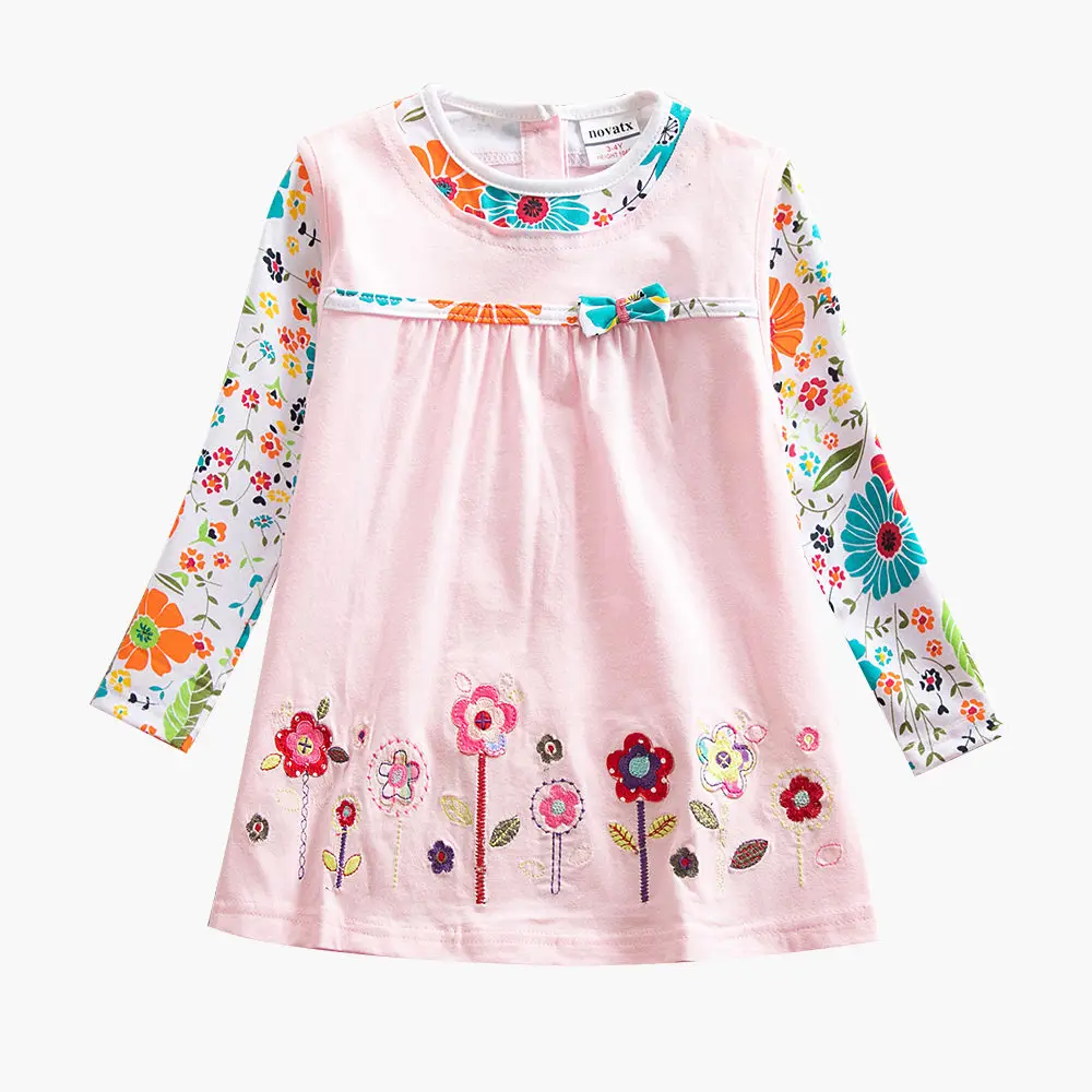 JUXINSU/Хлопковые платья с длинными рукавами и цветочным принтом для девочек повседневная одежда с вышивкой на осень и зиму для девочек; платье для девочек - Цвет: H2762-Pink-2