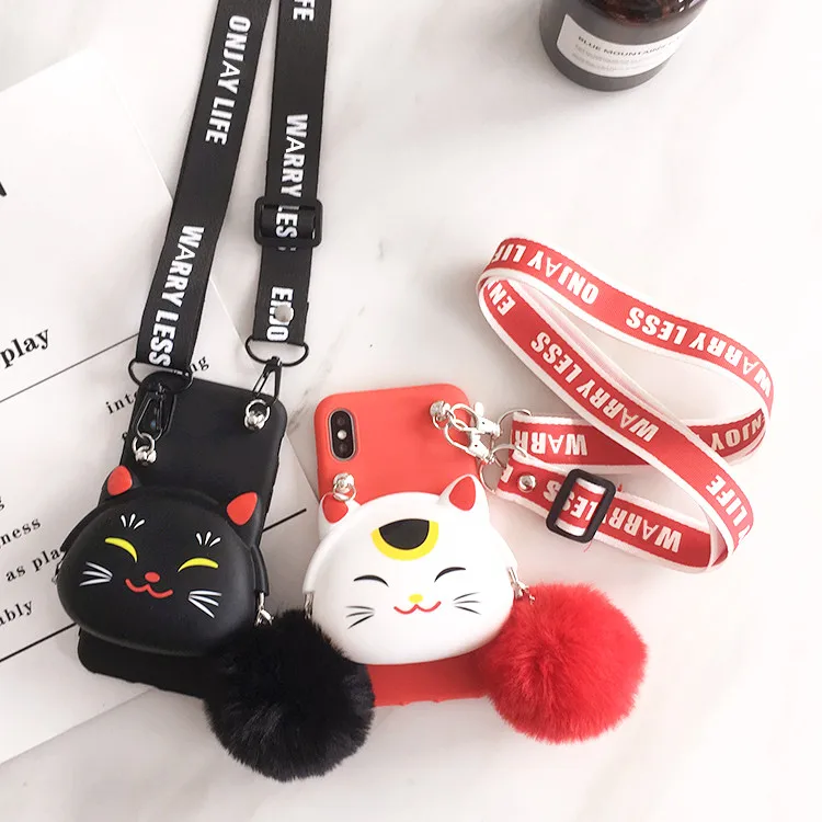 For iPhone 11 pro Max Cute Lucky Cat Case, Fortune Cat back Case cover For iPhone X XS Max XR 6 7 8plus Maneki Neko Shell+Straps