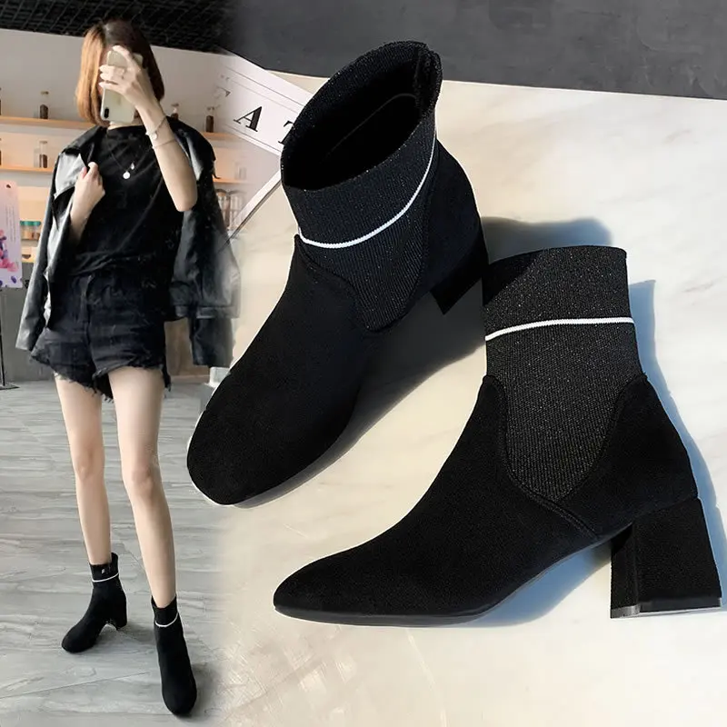 

Boots Suede 2019 Autumn Korean-style Chunky-Heel Semi-high Heeled Socks Boots Short Boots Children Modern And Trendy/women Sprin