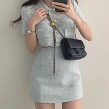 

Women Summer Two 2 Piece Set Korean Style Elegant Single Breasted Short Sleeve Tops and High Waist Mini Skirt