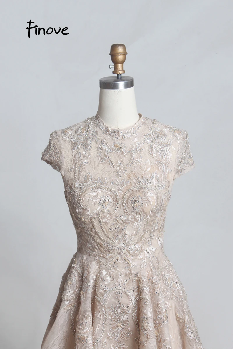 Finove Шампанское Кружева Выпускные платья robe de soiree Высокая шея короткий рукав Роскошные Бисероплетение Аппликации Формальное вечернее платье платья