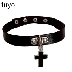 Gothic Punk Black Leather Choker Necklace (Cross)