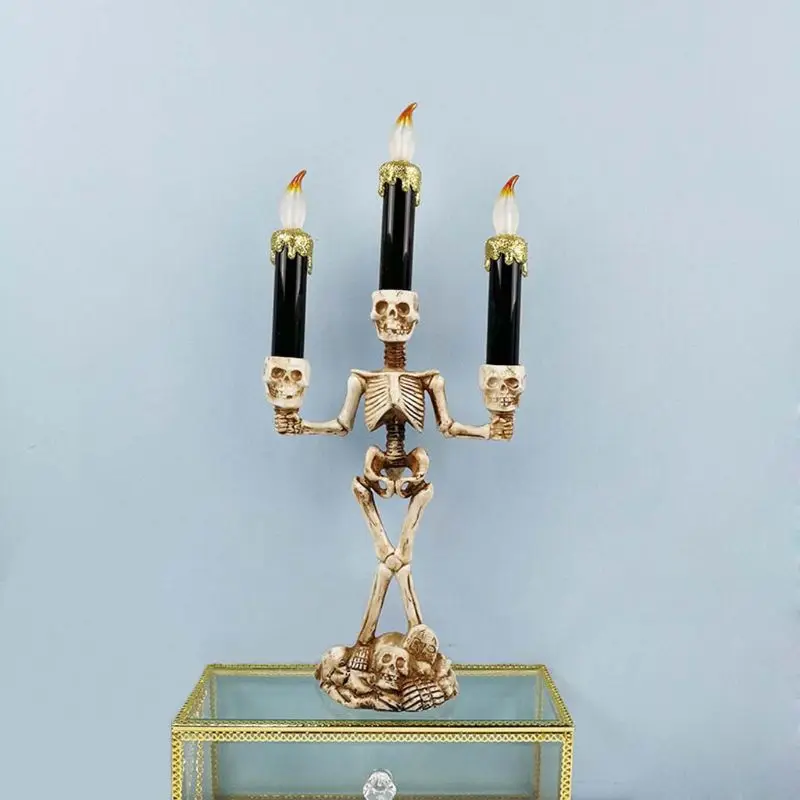 

Battery Operated 3-Tier Candelabra Led Window Candle Light Wax Dipped Flameless Skull Candlestick Halloween Party Decoration