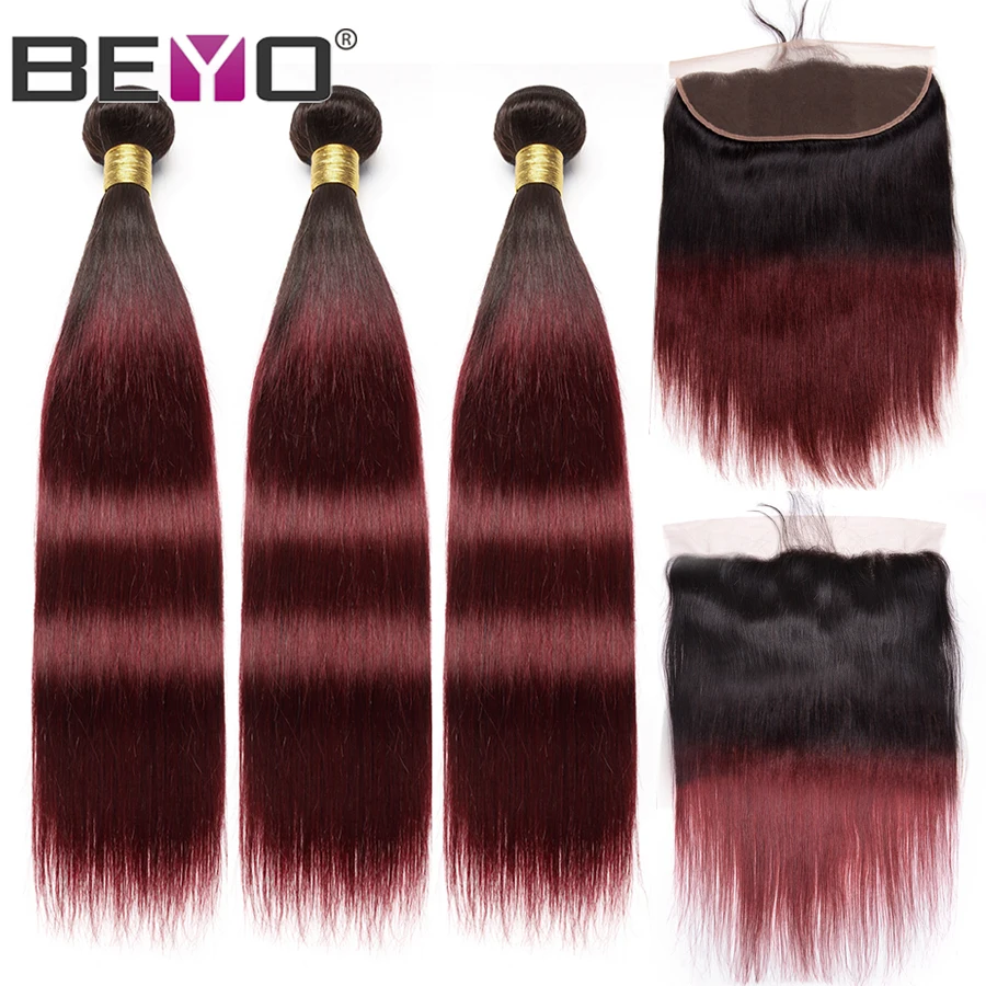 

T1B/99J Ombre Brazilian Straight Hair Weave Bundles Human Hair 3 Bundles With Frontal Closure Non Remy Hair Extension Beyo Hair