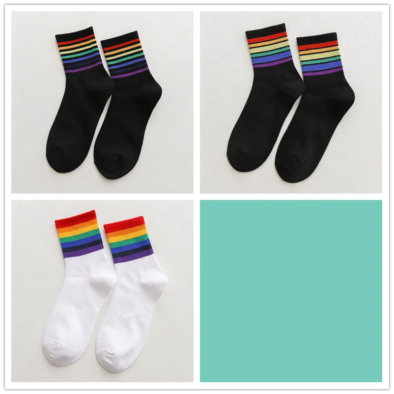 3 pairs 3 пар/упак. унисекс полосатые средние женские носки цветные забавные зимние носки женские 100 Хлопок Kawaii Радужный цвет размер 35-42 - Цвет: 3 pairs