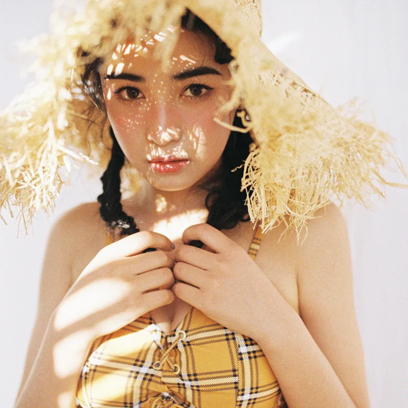 

Chun-Li Push up Plaid High-waisted Slimming Conservative Small Bust Swimwear Split Skirt--Bubble Yellow, Grid Bathing Suit Women