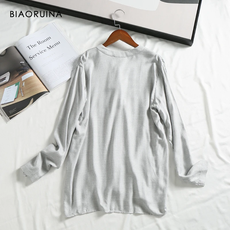BIAORUINA женский светильник, серая однотонная однобортная рубашка с v-образным вырезом и разрезом сбоку, Женская Повседневная винтажная Свободная блузка из вискозы