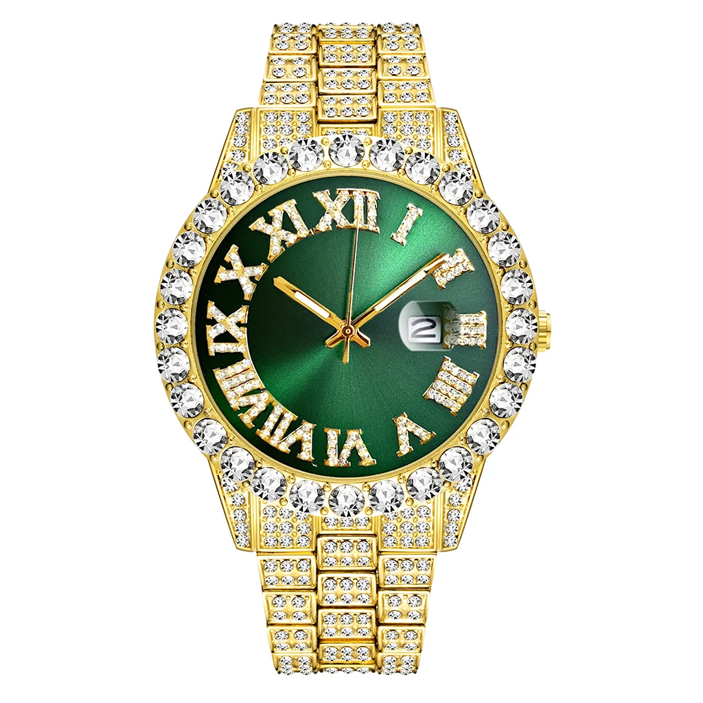 2 Pcs Watch+bracelet Hip Hop Stainless Steel Gold Color Calendar Watch For Men Iced Out Paved Rhinestones Men Watch Reloj Hombre 