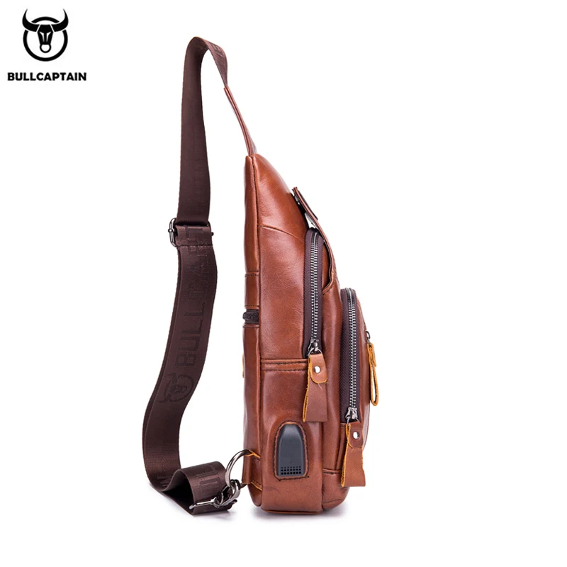 BULLCAPTAIN Leather Men's chest pocket One crossbody bags with USB rechargeable chest bag can be used for 7.9 inch iPai pockets
