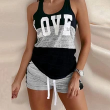 Summer Casual Loose Two Pice Set Homewear Women New Fashion Patchwork Letter Print Sleeveless Top And Short Suit Streetwear Set