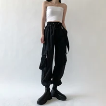Gothic Style Multi Pocket Cargo Pant Korean ELastic High Waist Strap Decorative Belt Trousers Streetwear Baggy Joggers Pants