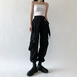 Pantalon Cargo à poches multiples Style gothique, pantalon coréen élastique taille haute avec sangle à ceinture décorative, Streetwear Baggy Joggers 